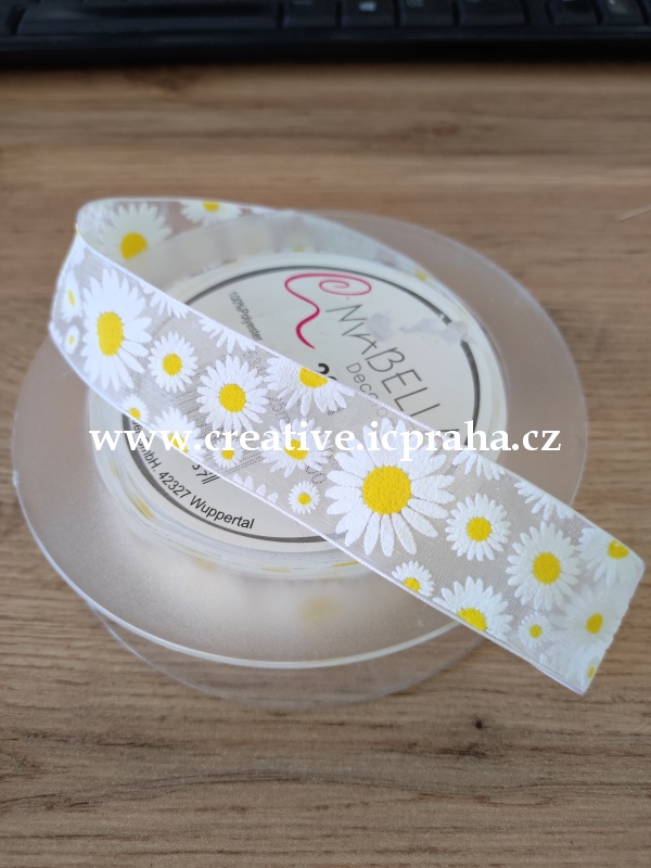 Stuha schiffon potisk Kopretiny 25mm - bílá